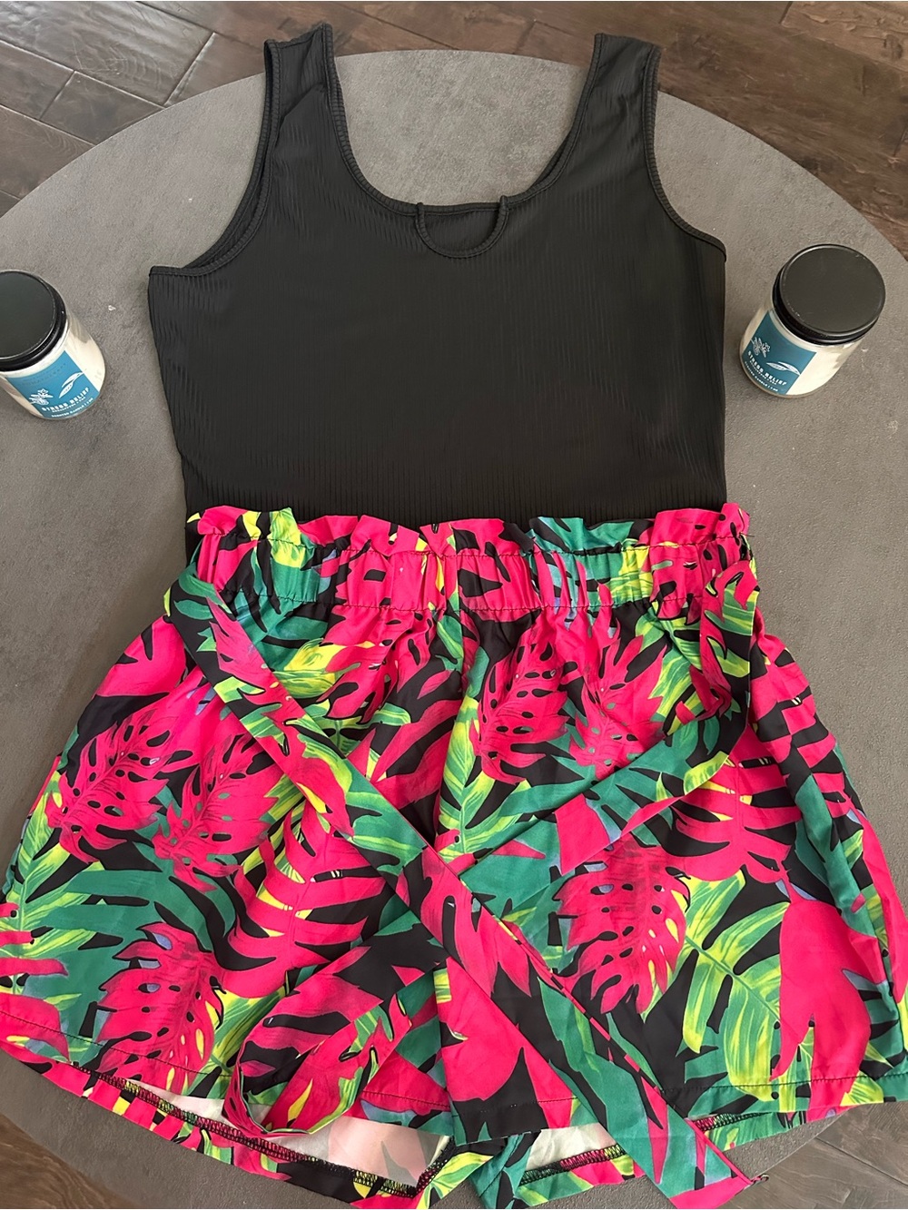 Amazon Women’s Black Tank Top with Neon Pink & Green Tropical Shorts